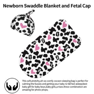 Cow Print Pink Heart Baby Stuff Newborn Swaddle and Hat Set Stretchy Soft Funny Baby Receiving Blanket Gifts for Infant Baby Boy Girl