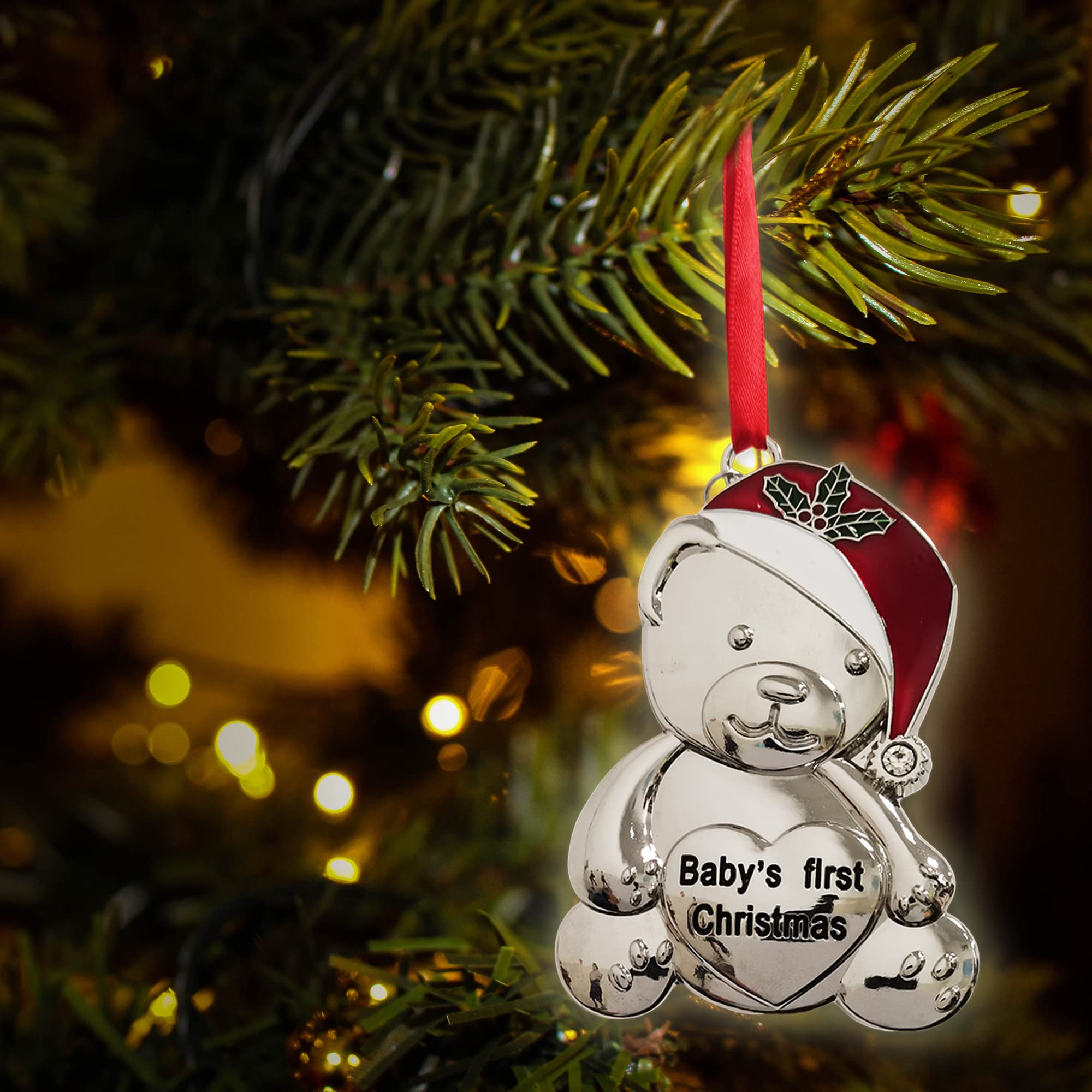 Baby's First Christmas Ornament 2024 Xmas Tree Decoration Metal Teddy Bear with Red Christmas Cap Hanging Ornament Engraved Baby's First Christmas,Baby Girl Boy Keepsake Decor Gift