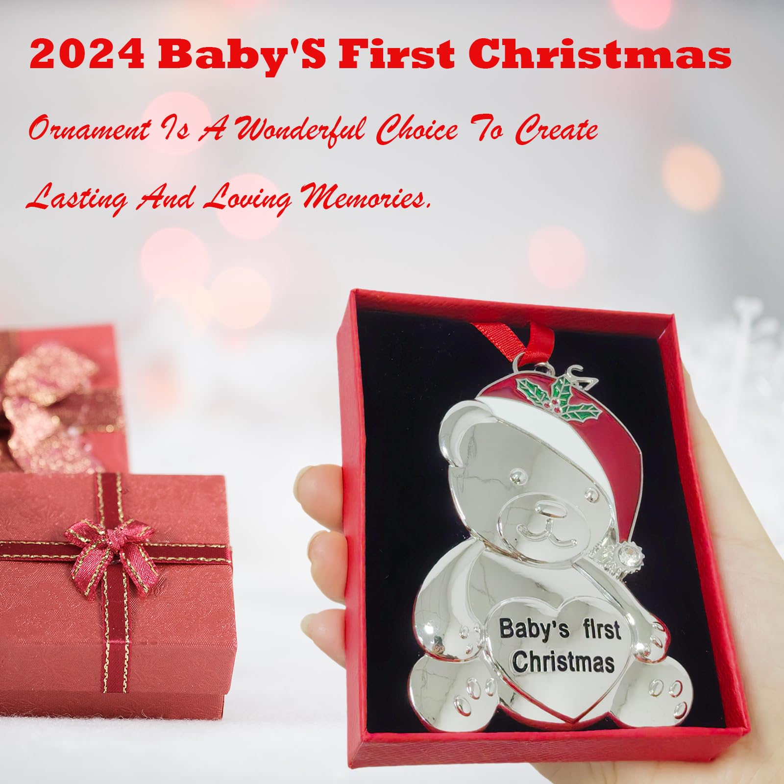 Baby's First Christmas Ornament 2024 Xmas Tree Decoration Metal Teddy Bear with Red Christmas Cap Hanging Ornament Engraved Baby's First Christmas,Baby Girl Boy Keepsake Decor Gift