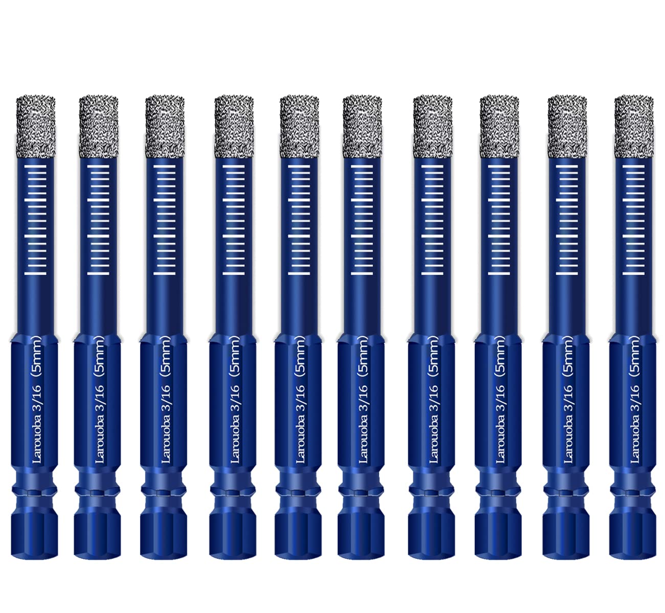 Larouoba 10Pcs 5mm Dry Diamond Drill Bits Set, 3/16 Blue Diamond Core Drill Bits for Tile Ceramic Marble Porcelain Stone Glass(not for Wood)