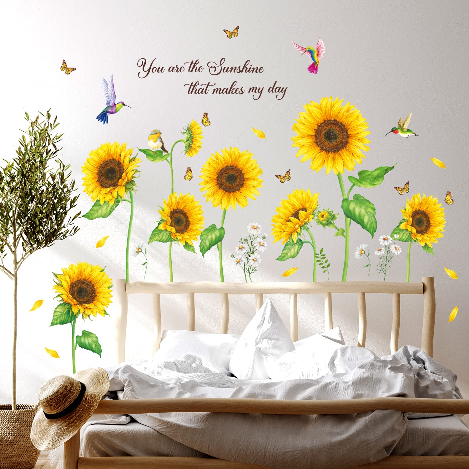 DECOWALL DS9-8062 Sunflowers with Butterflies Wall Decals Stickers Room décor Bedroom Living Art Removable Butterfly Home Decal Flower Inspirational Mural Decorations DIY Baby Garden Sunshine