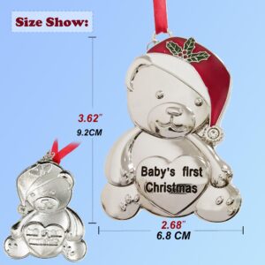 Baby's First Christmas Ornament 2024 Xmas Tree Decoration Metal Teddy Bear with Red Christmas Cap Hanging Ornament Engraved Baby's First Christmas,Baby Girl Boy Keepsake Decor Gift