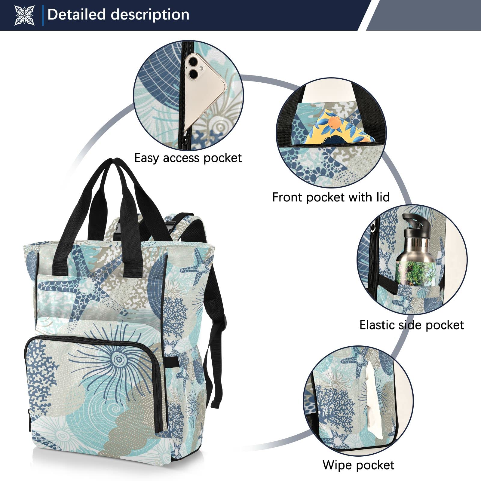 Vnurnrn Algae Corals Seashells Diaper Bag Backpack Large Capacity Baby Bag Durable Diaper Bag Organizing Pouches with Insulated & Pockets Stroller Straps for Shopping Woman Hospital