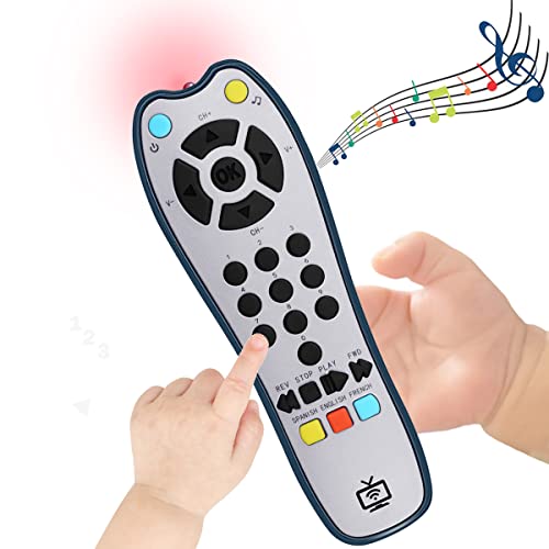 Baby Realistic TV Remote Control Toy with Light and Sound, Upgrade Adjustable Volume, Early Educational Musical Toys with 3 Language English,French and Spanish Gift Toy for 3+ Months Boys or Girls