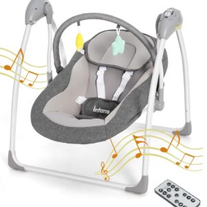 INFANS Baby Swing for Infants, Compact Portable Baby Electric Rocker for Newborn with 5 Speed Natural Sway Music Timing 2 Toys Remote Control, Easy Fold, 0-6 Months Boy Girl