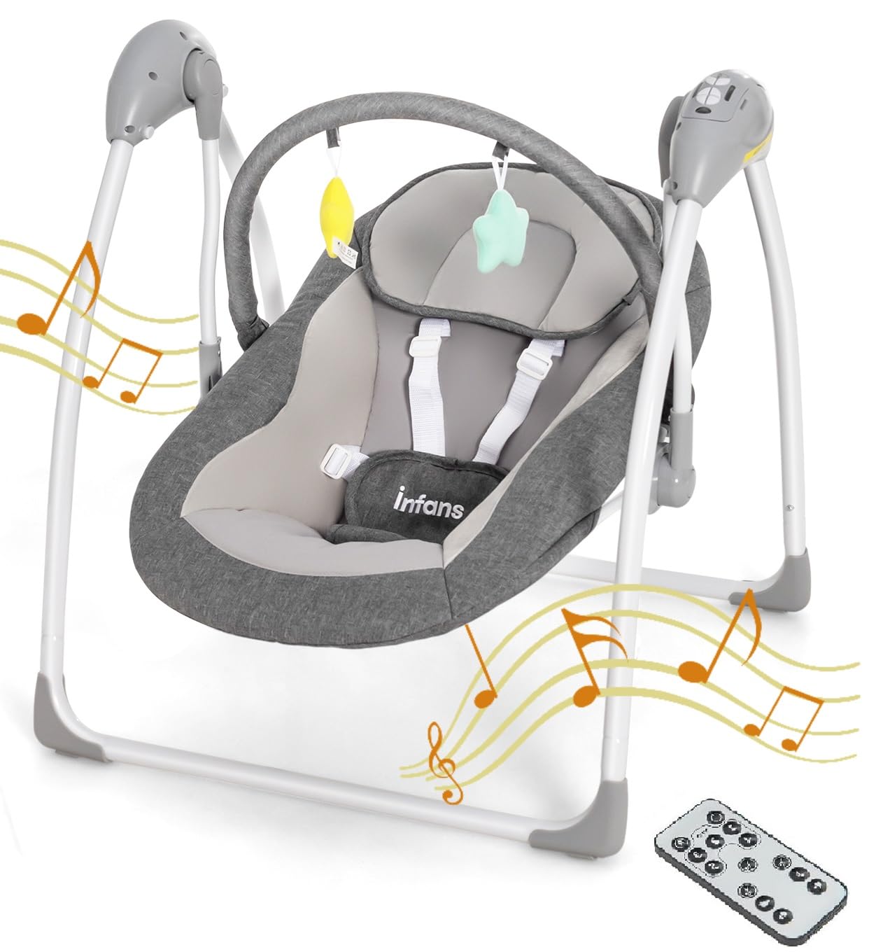 INFANS Baby Swing for Infants, Compact Portable Baby Electric Rocker for Newborn with 5 Speed Natural Sway Music Timing 2 Toys Remote Control, Easy Fold, 0-6 Months Boy Girl