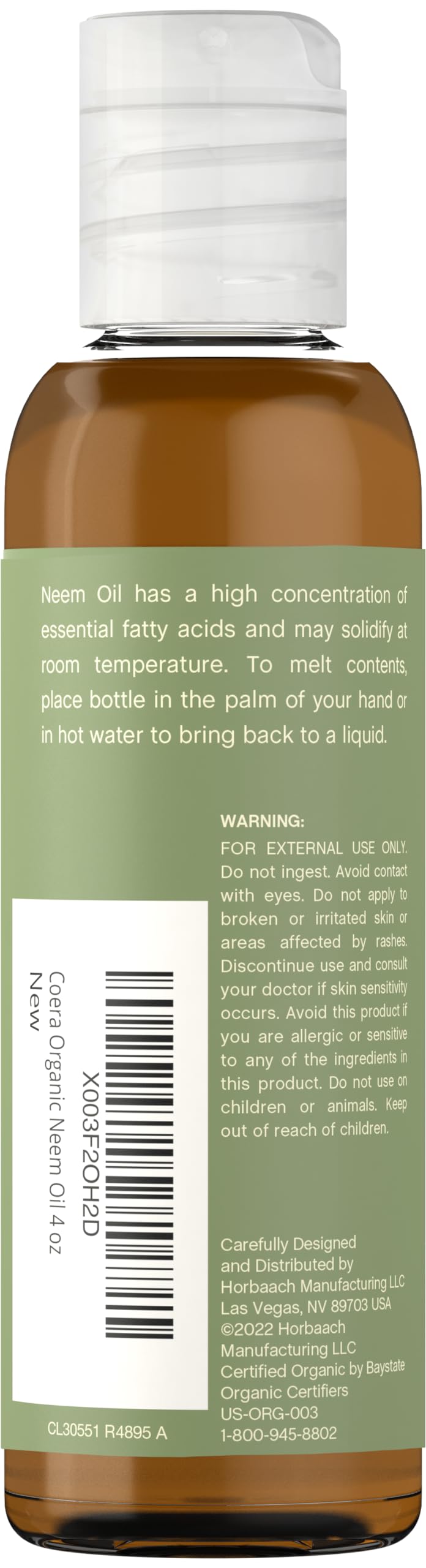 Coera Neem Oil | 4 fl oz | Certified Organic | Moisturizing Oil for Face, Hair, Skin, & Nails | Free of Parabens, SLS, & Fragrances