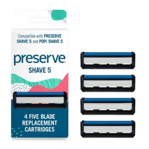 Preserve Shave 5 Five Blade Refillable Razor, Made from Recycled Materials, Poppy Red and Preserve Five Blade Wave Replacement Cartridges for Preserve Shave Five Recycled Razor (4 Count) Bundle