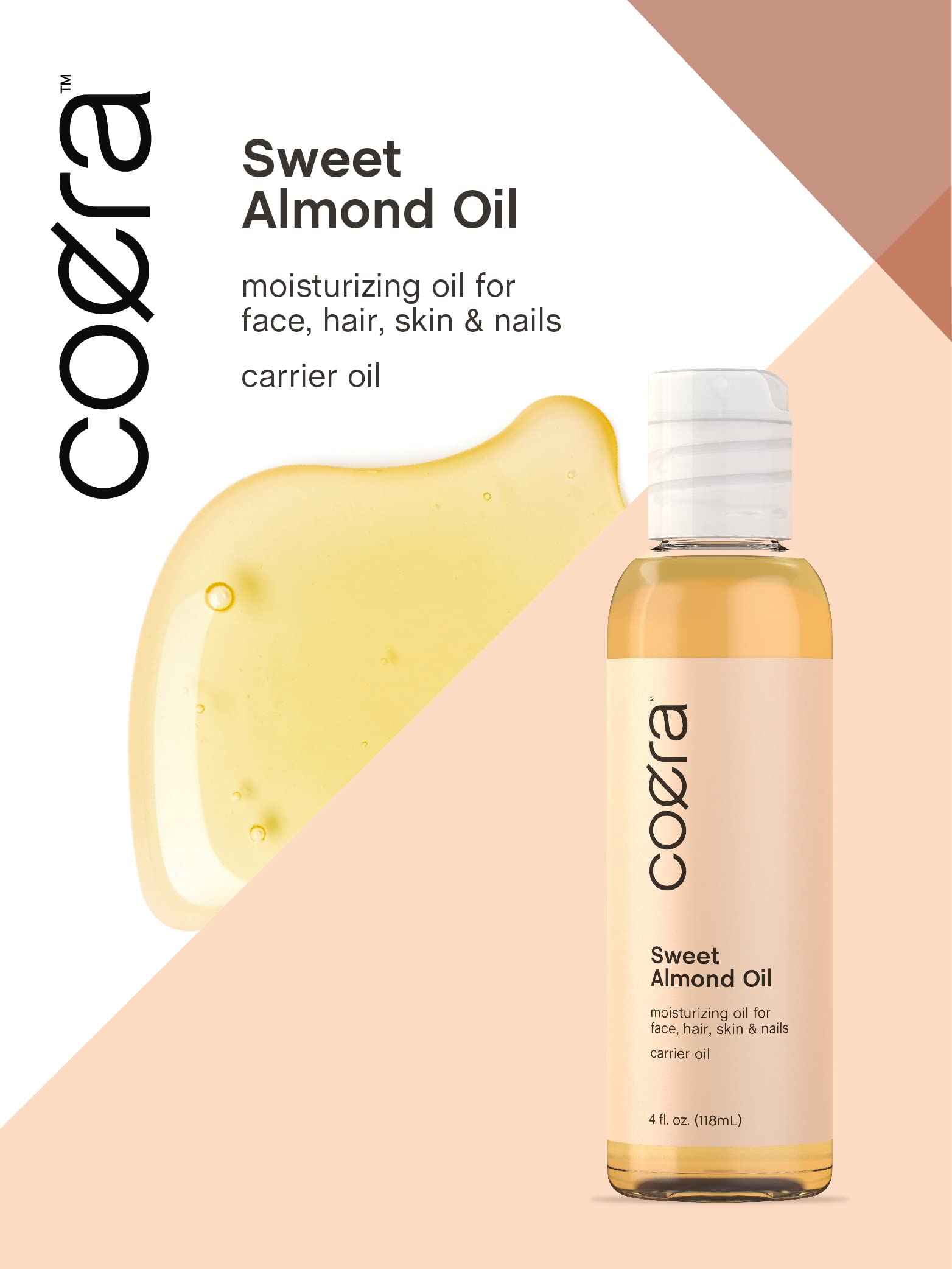 Coera Sweet Almond Oil for Face, Hair, Skin & Nails | 4 fl oz | Cold Pressed | Carrier Oil | Free of Parabens, SLS, & Fragrances