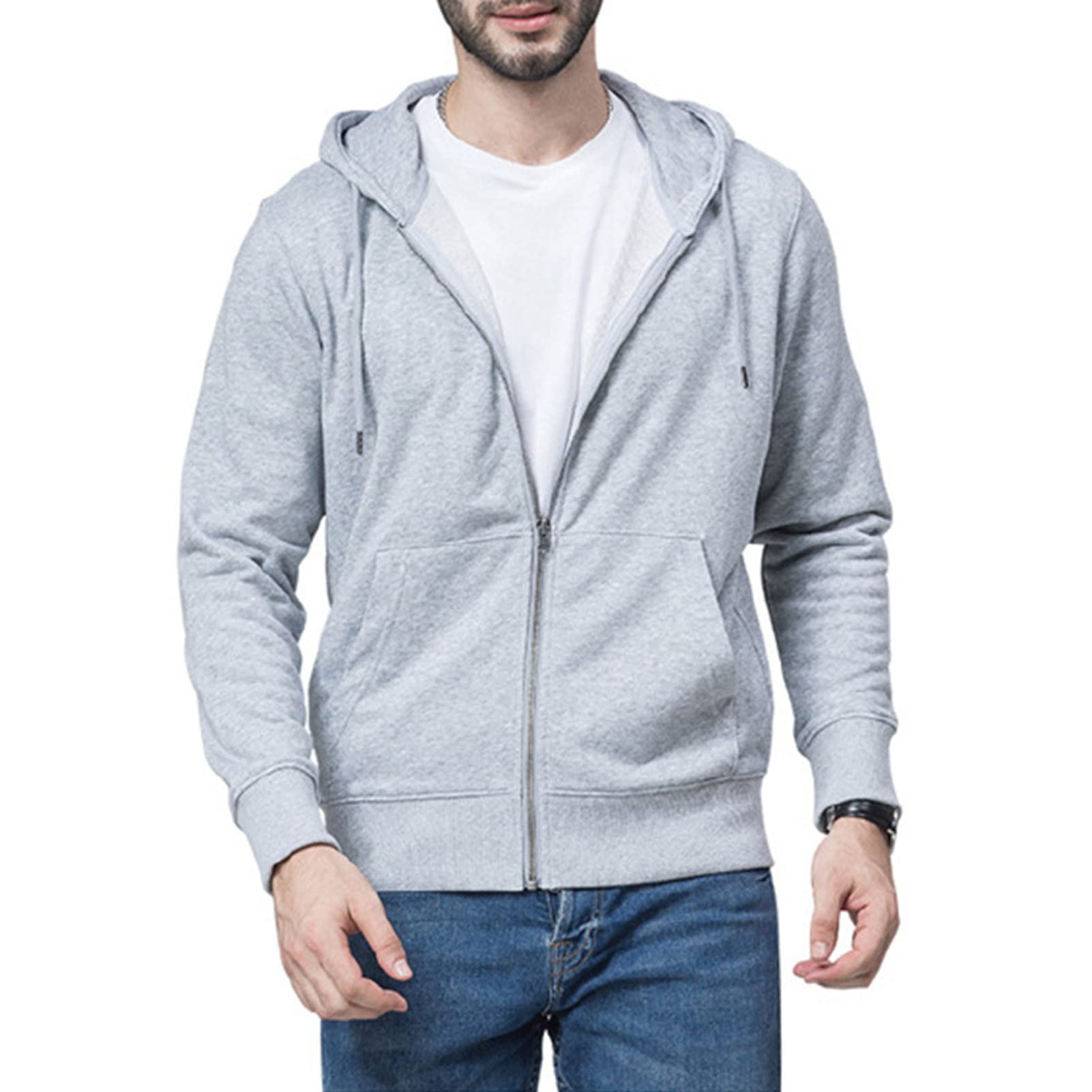 Maiyifu-GJ Men's Full Zip Long Sleeve Hoodies Lightweight Slim Fit Solid Color Hoodie Hooded Sweatshirt With Kanga Pocket (Light Grey,XX-Large)