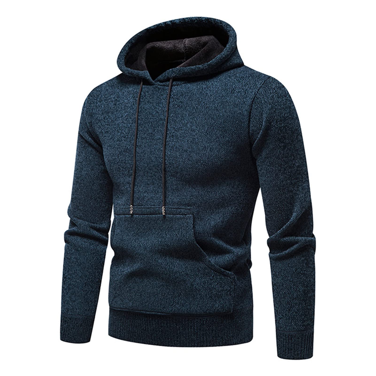 Maiyifu-GJ Men Casual Solid Fleece Hooded Sweatshirt Loose Fit Knitted Pullover Hoodie Athletic Drawstring Hooded Sweatshirts (Dark Blue,X-Large)