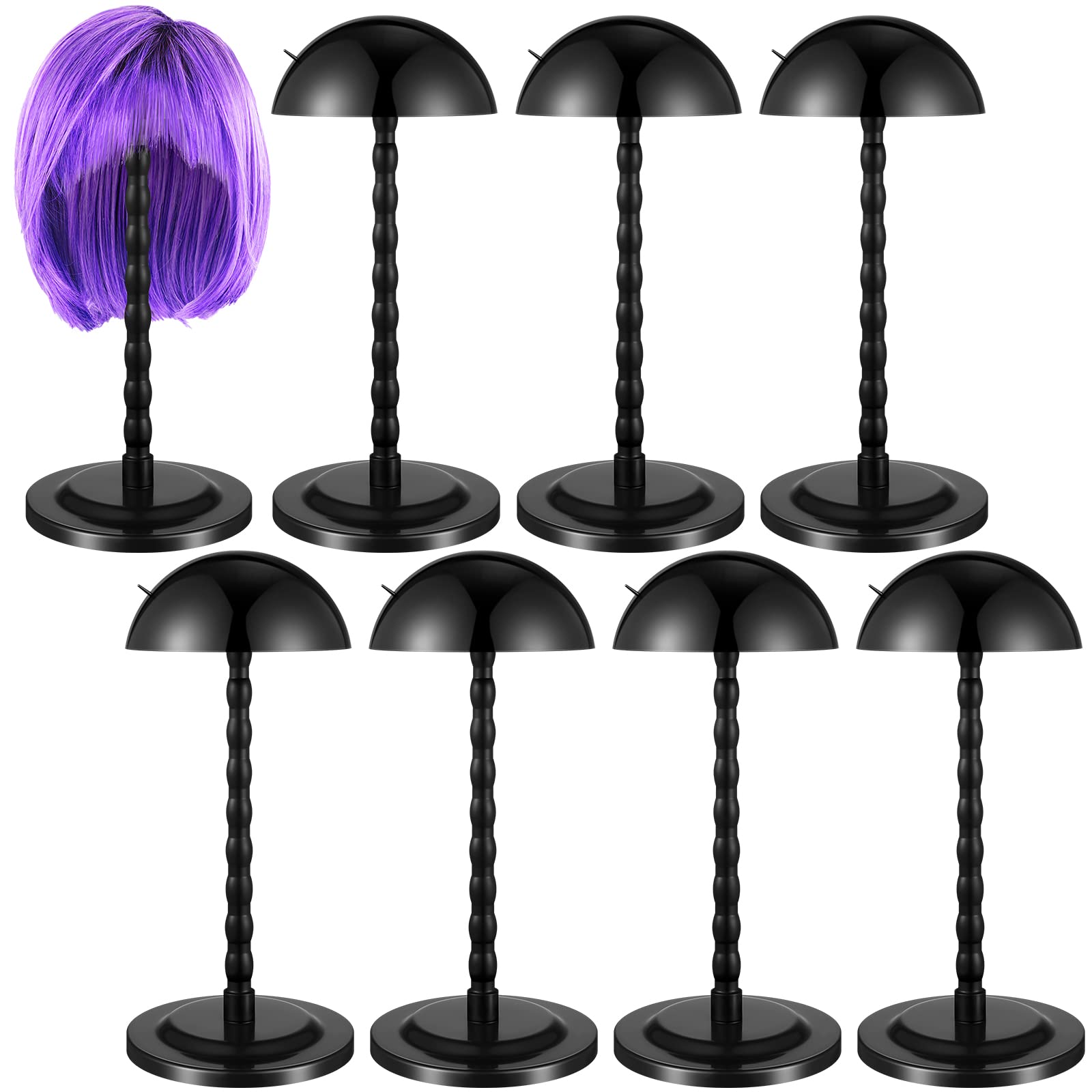 8 Pieces Wig Holder Wig Head Stand Wig Stand for Styling, 13.8 Inch Wigs Portable Hat Display Stand Travel Wig Holder for Multiple Wigs Practice Hat DIY Stand Head Stand Non Slip Stable (Black)