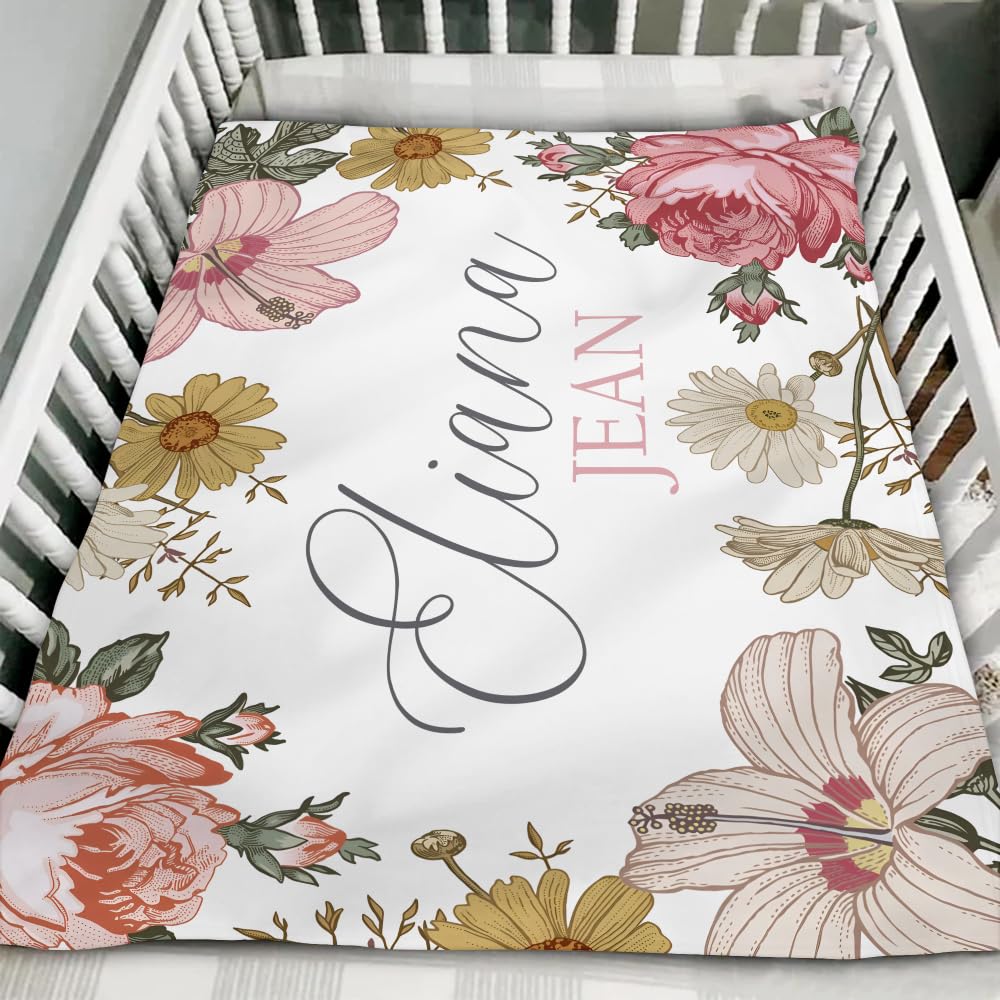 Personalized Baby Girl Blanket with Name Vintage Floral Custom Baby Blanket, Gift for Baby Shower, Vintage Baby Blanket, Nursery Blanket, Crib Blanket