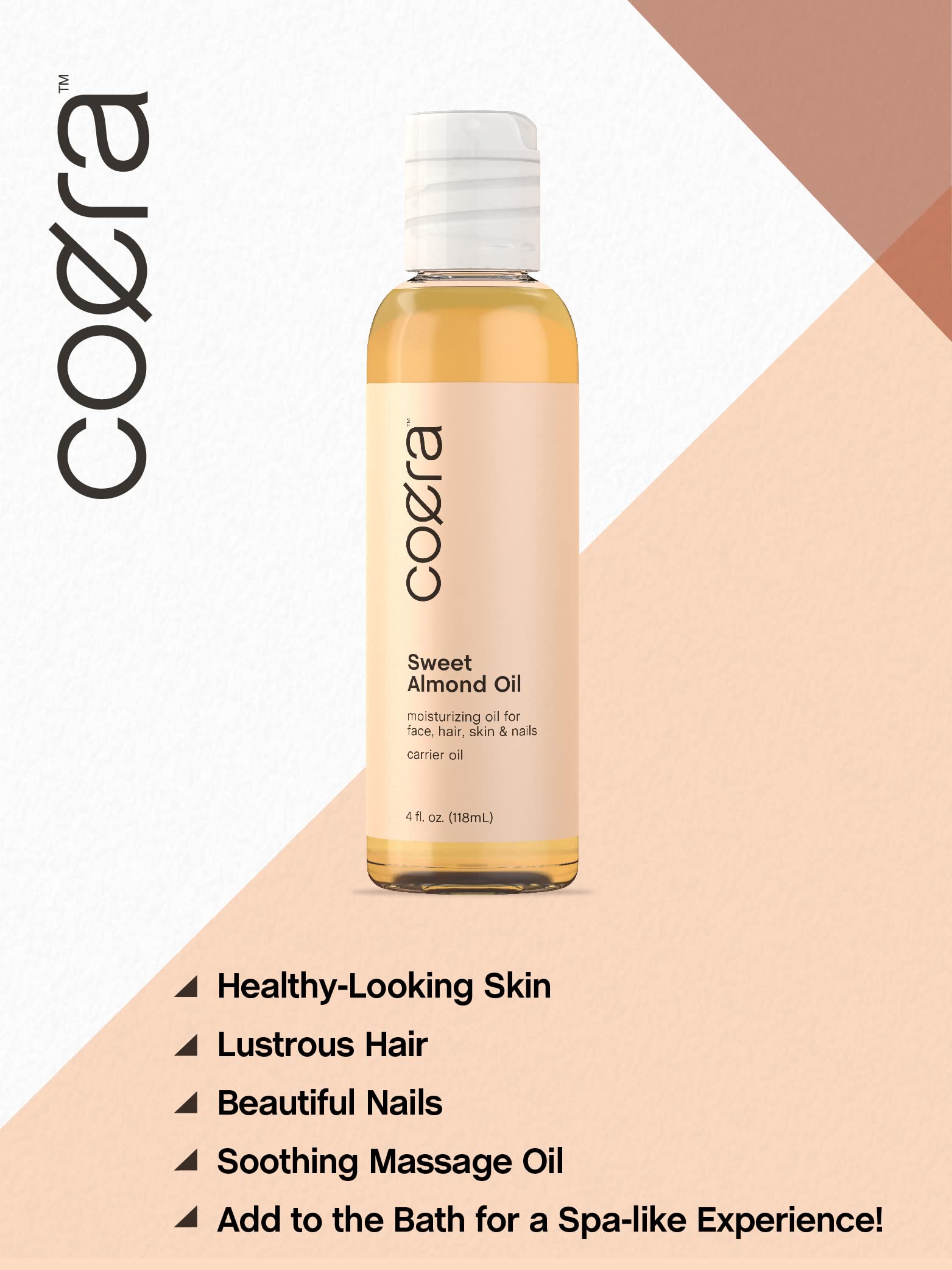 Coera Sweet Almond Oil for Face, Hair, Skin & Nails | 4 fl oz | Cold Pressed | Carrier Oil | Free of Parabens, SLS, & Fragrances