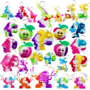 (christmas party gift ）30 packs bulk santa deer rudolph mini pop fidget key chain， christmas party favors supplies and student prizes gift