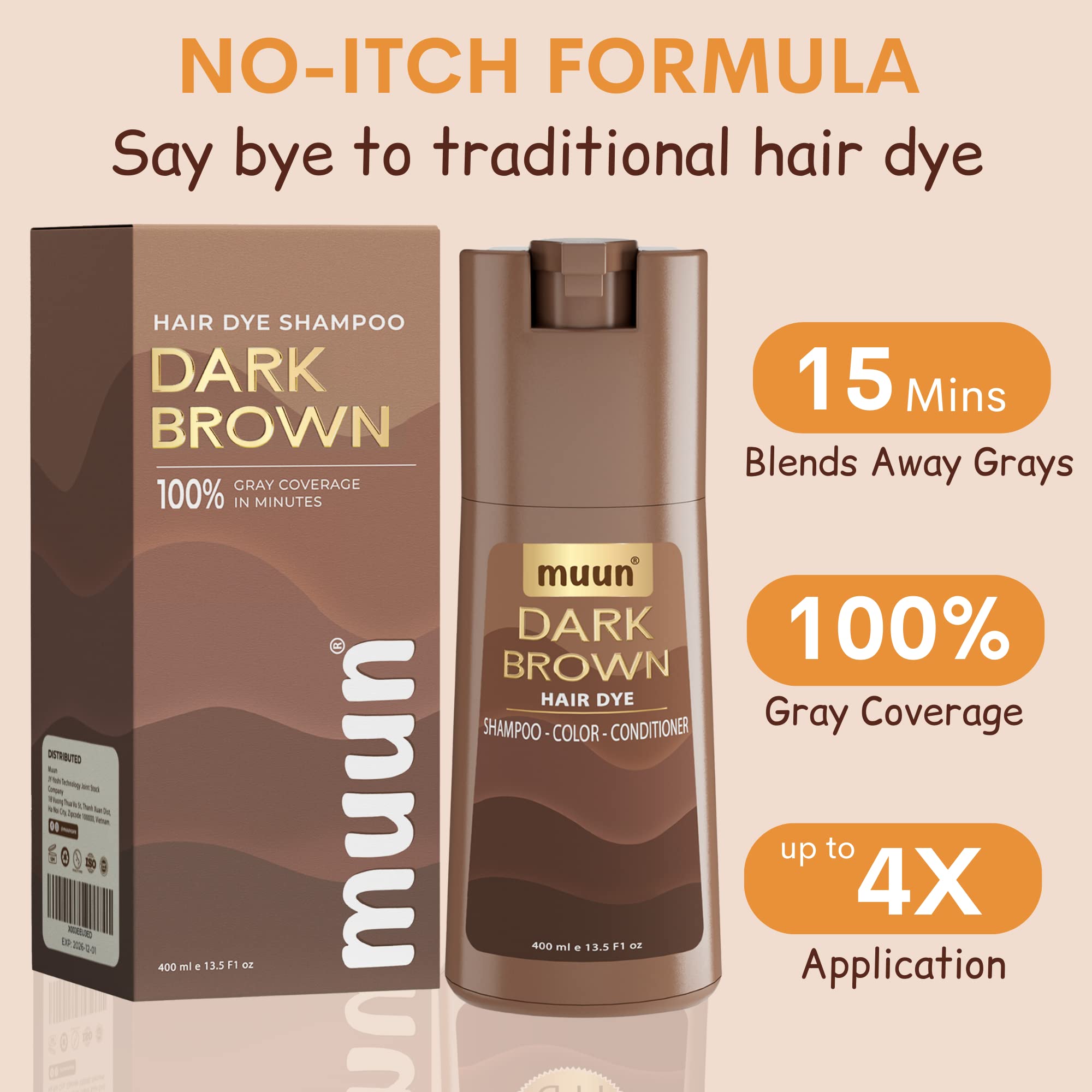 Muun Dark Brown Hair Dye Shampoo - 3-In-1 Ammonia Free Hair Color Shampoo for Gray Hair Coverage for Women and Men in minutes with Herbal Natural Ingredients 400ml (Pack 2)