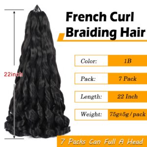 Pre Stretched Braiding Hair 22 Inch Bouncy French Curly Braiding Hair Natural Black Loose Wavy Crochet Braids Hair for Women (7 Packs, 1B#)