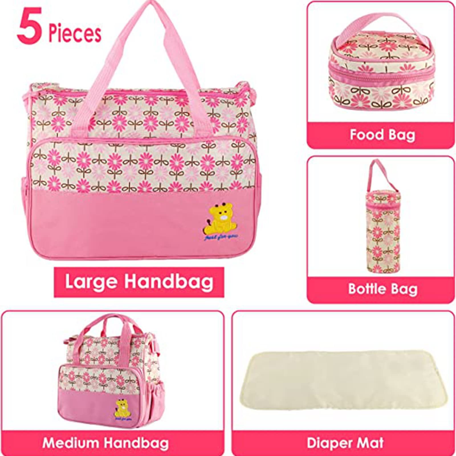 KOCASO 5PCS Baby Nappy Diaper Bags Set Mummy Diaper Shoulder Bags w/Nappy Changing Pad Insulated Pockets Travel Tote Bags For Mom Dad (Pink)