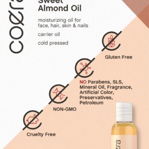 Coera Sweet Almond Oil for Face, Hair, Skin & Nails | 4 fl oz | Cold Pressed | Carrier Oil | Free of Parabens, SLS, & Fragrances