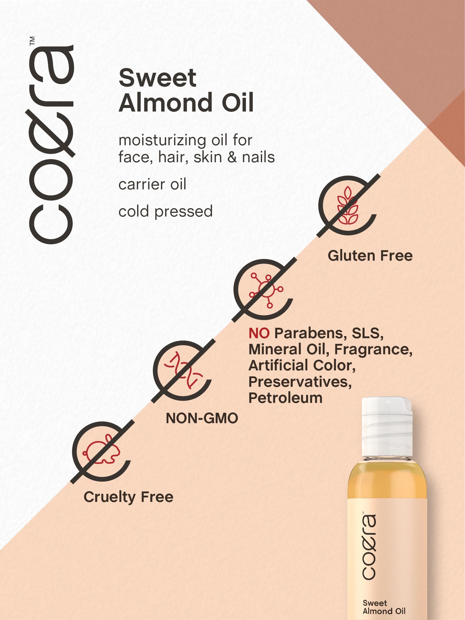 Coera Sweet Almond Oil for Face, Hair, Skin & Nails | 4 fl oz | Cold Pressed | Carrier Oil | Free of Parabens, SLS, & Fragrances