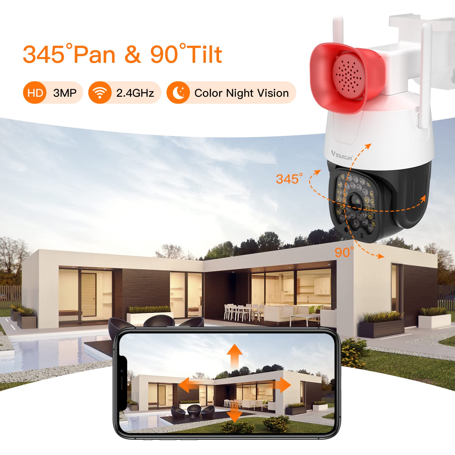 VSTARCAM 3MP Security Camera Outdoor,Home Camera Security, Outdoor WiFi Camera with 2.5-Inch High-Decibel Speaker, 360° PTZ Camera, Motion Detection,Two-Way Audio,Siren, Color Night Vision