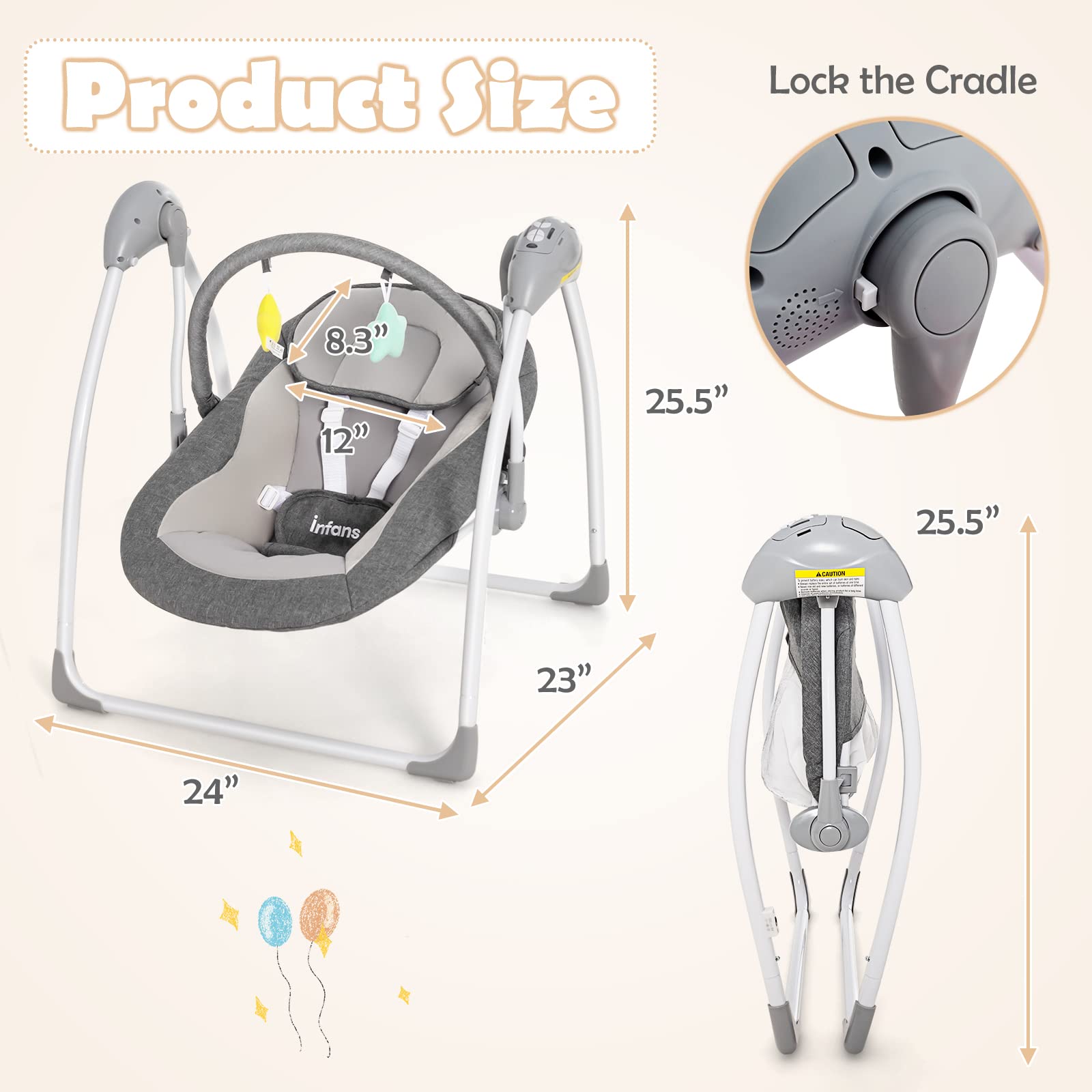 INFANS Baby Swing for Infants, Compact Portable Baby Electric Rocker for Newborn with 5 Speed Natural Sway Music Timing 2 Toys Remote Control, Easy Fold, 0-6 Months Boy Girl