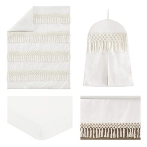 Sweet Jojo Designs Ivory Gender Neutral Bohemian Boho Baby Girl Boy Nursery Crib Bedding Set Solid Color Beige Cream Off White Chic Unisex Farmhouse Minimalist Macrame Trim Tassel Fringe Cotton - 4pc