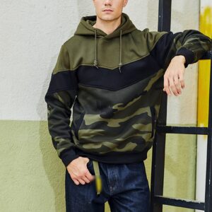 Maiyifu-GJ Camo Loose Fit Hoodies for Men Color Block Sport Hooded Sweatshirt Long Sleeve Contrast Color Pullover Hoodie (Armygreen 2,Medium)