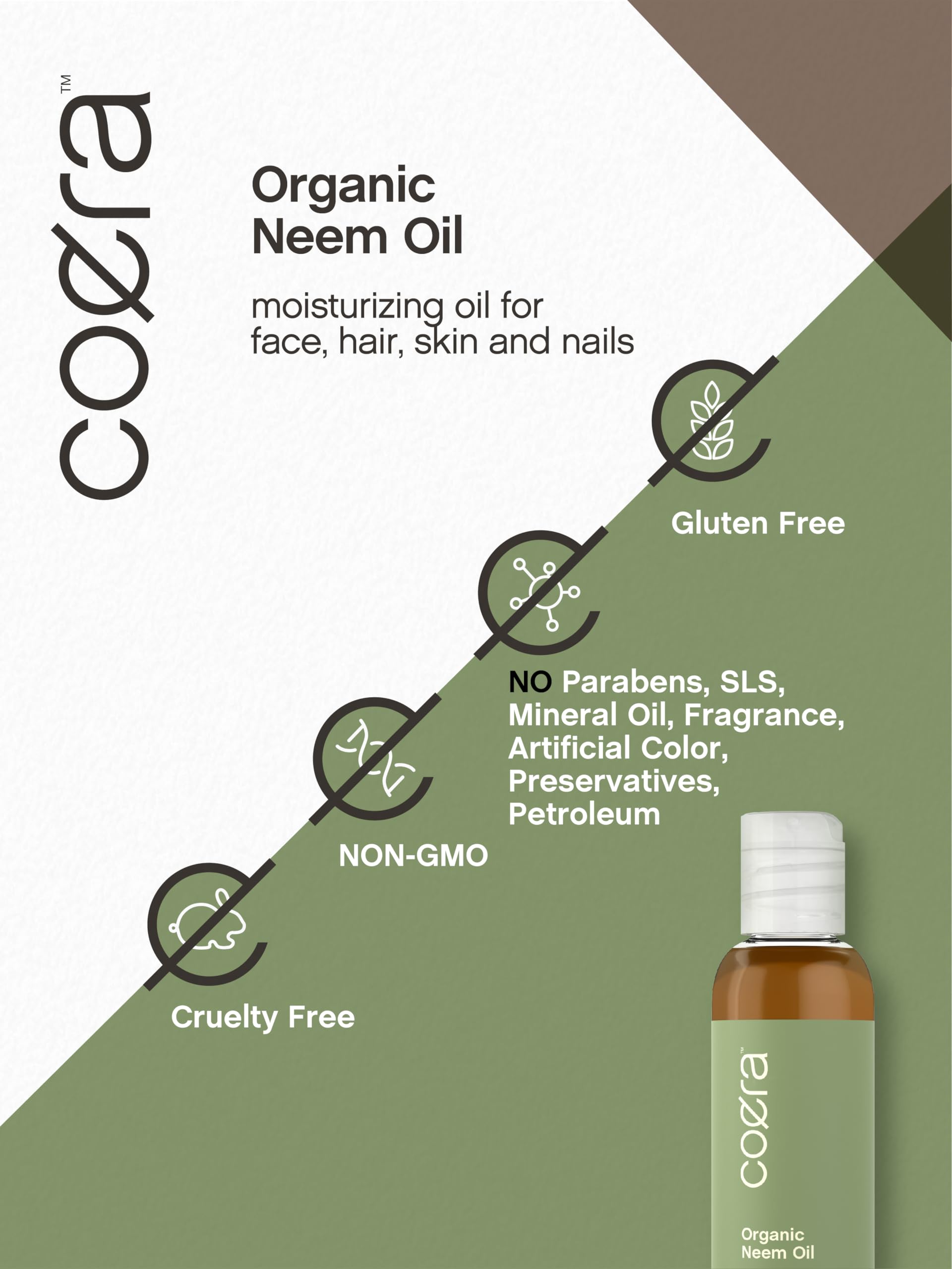 Coera Neem Oil | 4 fl oz | Certified Organic | Moisturizing Oil for Face, Hair, Skin, & Nails | Free of Parabens, SLS, & Fragrances