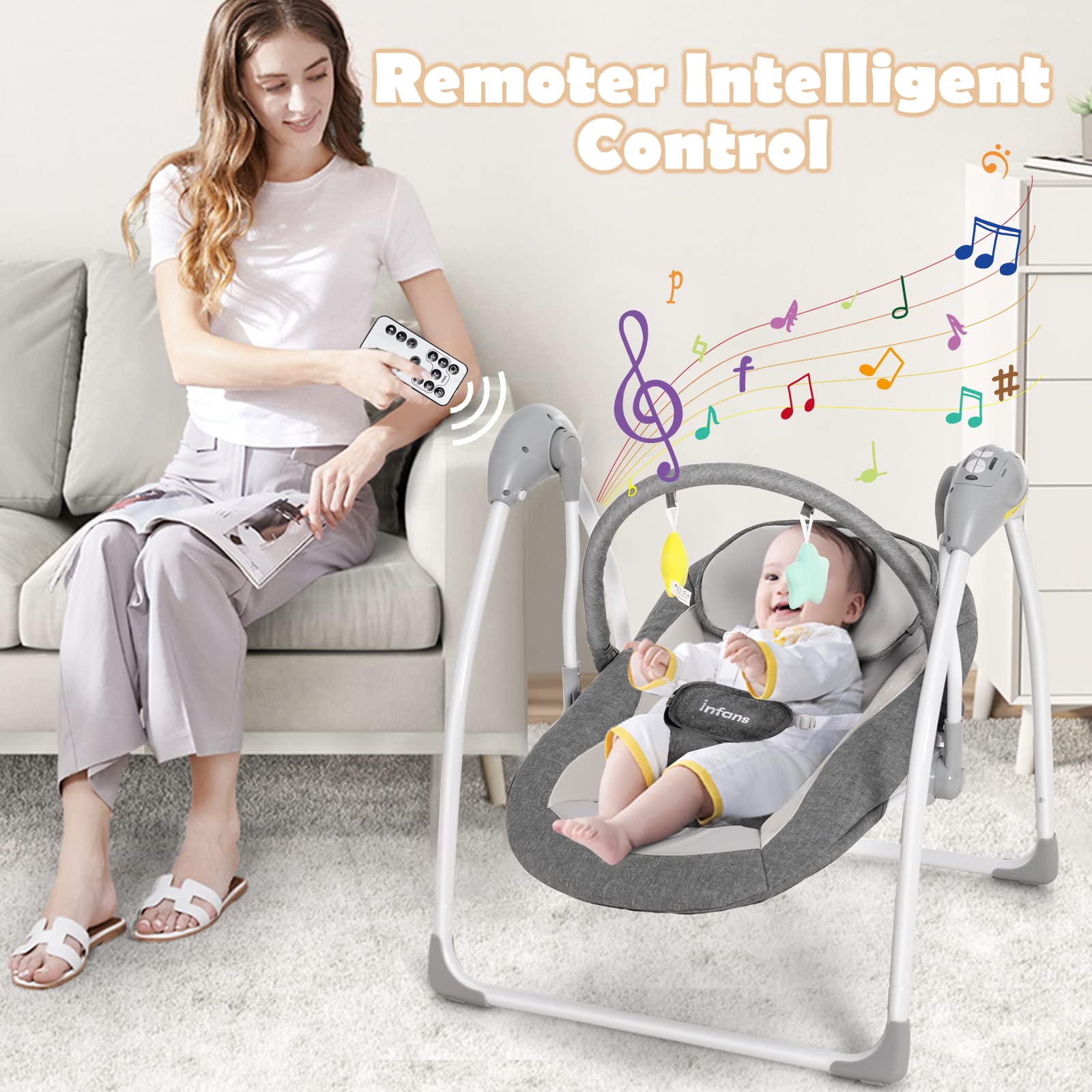 INFANS Baby Swing for Infants, Compact Portable Baby Electric Rocker for Newborn with 5 Speed Natural Sway Music Timing 2 Toys Remote Control, Easy Fold, 0-6 Months Boy Girl