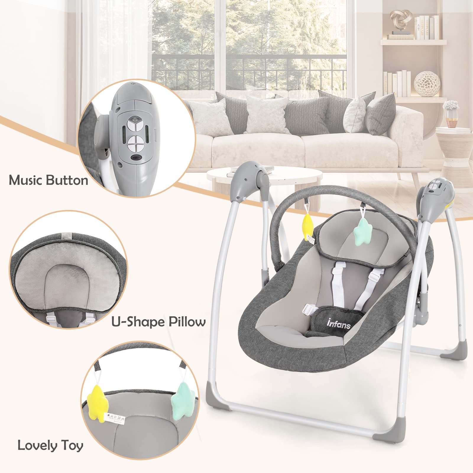 INFANS Baby Swing for Infants, Compact Portable Baby Electric Rocker for Newborn with 5 Speed Natural Sway Music Timing 2 Toys Remote Control, Easy Fold, 0-6 Months Boy Girl