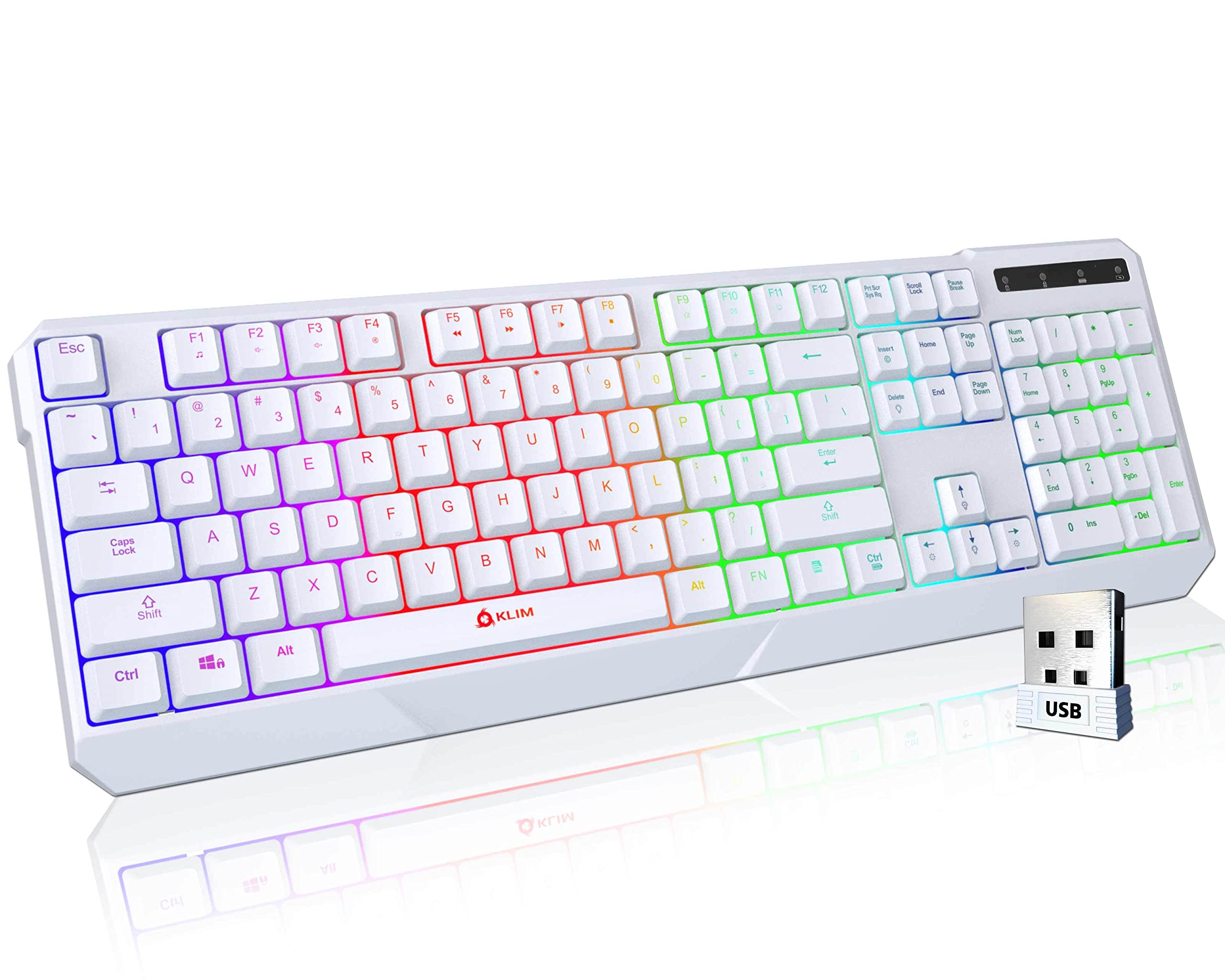 Klim Chroma Wireless Gaming Keyboard RGB - Long-Lasting Rechargeable Battery - Quick and Quiet Typing - Water Resistant Backlit Wireless Keyboard for PC PS5 PS4 Xbox One Mac - White (Renewed)