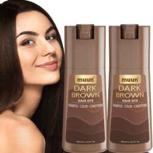 Muun Dark Brown Hair Dye Shampoo - 3-In-1 Ammonia Free Hair Color Shampoo for Gray Hair Coverage for Women and Men in minutes with Herbal Natural Ingredients 400ml (Pack 2)