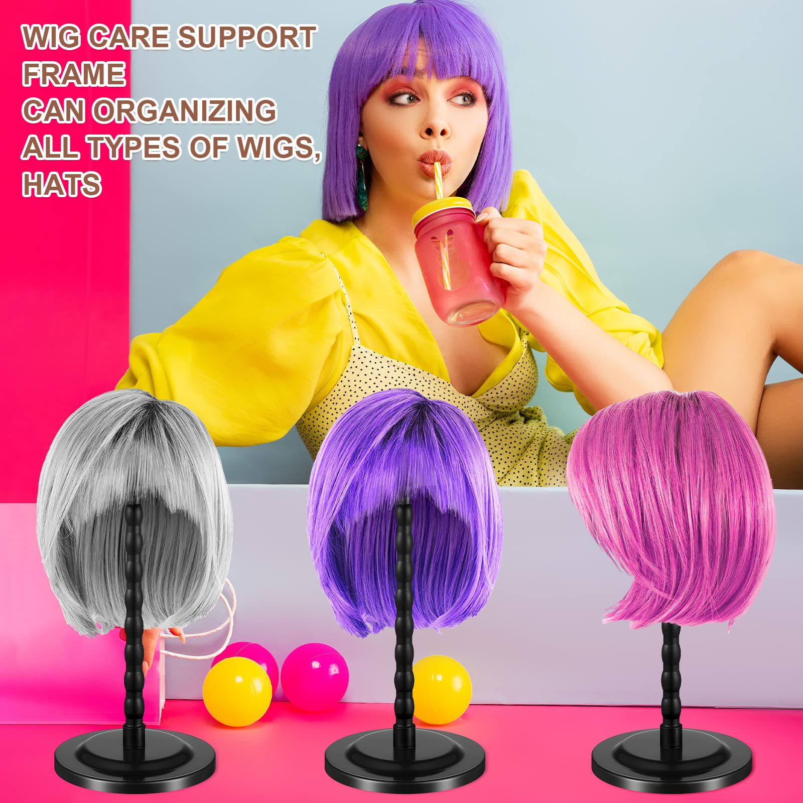 8 Pieces Wig Holder Wig Head Stand Wig Stand for Styling, 13.8 Inch Wigs Portable Hat Display Stand Travel Wig Holder for Multiple Wigs Practice Hat DIY Stand Head Stand Non Slip Stable (Black)