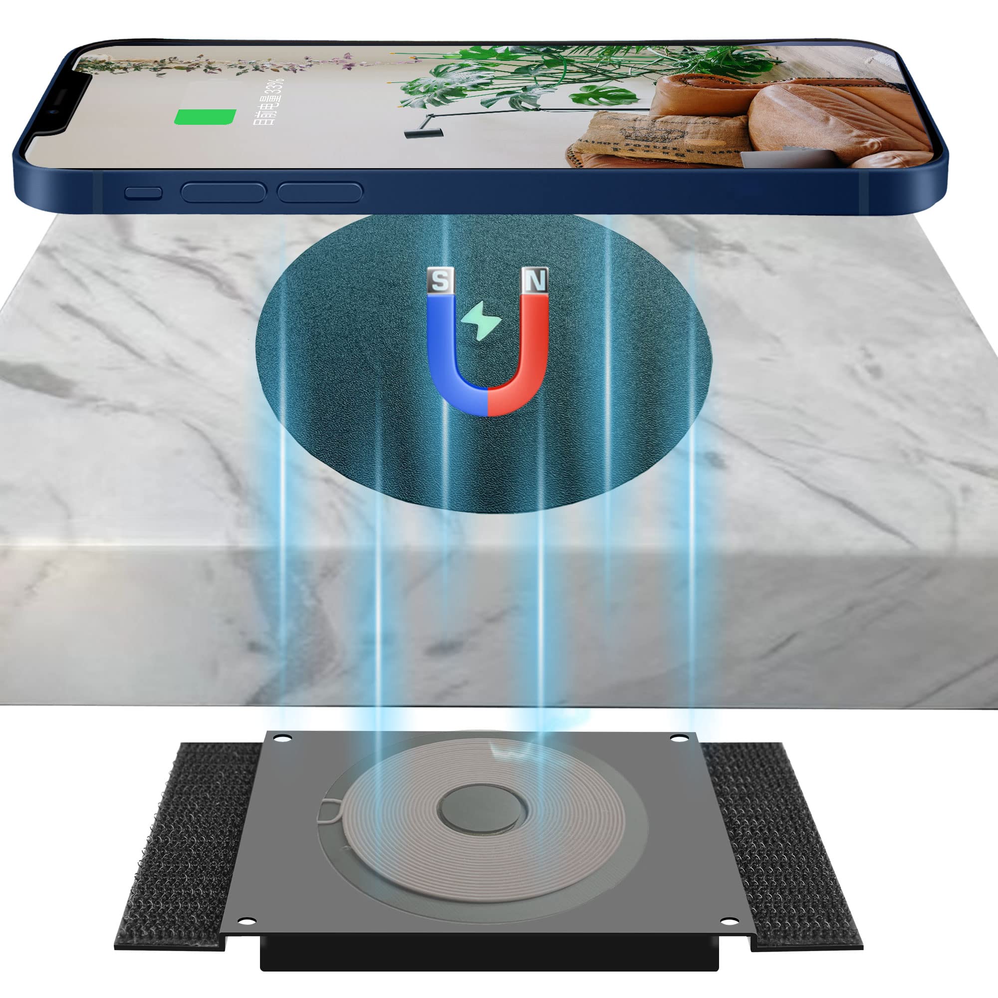 UUMAO Magnetic Invisible Wireless Charger 8-30MM, Under Desk 15W Furniture Wireless Charging Pad for Magsafe iPhone 13/12 (with PD Adapter) (8-30MM Magsafe Desk Sticker Coil Included)