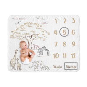 sweet jojo designs jungle safari animals boy girl milestone blanket monthly newborn first year growth mat baby shower memory gift picture taupe black white gender neutral elephant wildlife adventure