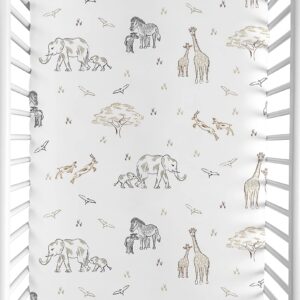 Sweet Jojo Designs Jungle Safari Animals Boy Girl Fitted Mini Crib Sheet Baby Nursery Portable Crib Pack Play Brown Taupe Black and White Gender Neutral Elephant Giraffe Wildlife Adventure Serengeti