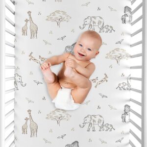 Sweet Jojo Designs Jungle Safari Animals Boy Girl Fitted Mini Crib Sheet Baby Nursery Portable Crib Pack Play Brown Taupe Black and White Gender Neutral Elephant Giraffe Wildlife Adventure Serengeti