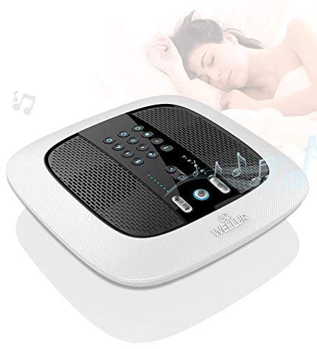 WELLUR - Stereo Sound White Noise and Natural Sound Sleep Machine with Relaxing Spa Music. Dual Build in Speakers & 3.5mm Headphone Jack, with Timer Option and USB 2.1A Port. Adapter Included (Black)