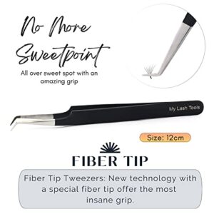 My Lash Tools Fiber Tip Lash Tweezers for Eyelash Extension Curved 45 Degree Angled Tweezer Best for Volume, Individual Isolation & Classic Lashes Stainless Steel Lash Supplies (Matte Black)