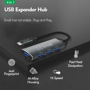 Wausee USB 3.0 Hub Type C 4-Port Splitter, Docking Station,Expander Adapter,Dongle (4 in 1) for Notebook PC,Laptop,Computer,MacBook, Mac Pro/mini, iMac, Surface Pro, XPS,Flash Driver, Mobile HDD(Grey)