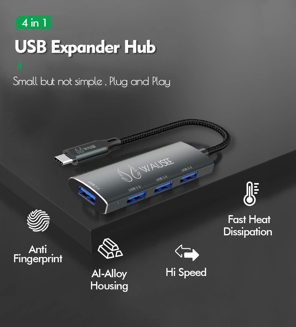 Wausee USB 3.0 Hub Type C 4-Port Splitter, Docking Station,Expander Adapter,Dongle (4 in 1) for Notebook PC,Laptop,Computer,MacBook, Mac Pro/mini, iMac, Surface Pro, XPS,Flash Driver, Mobile HDD(Grey)