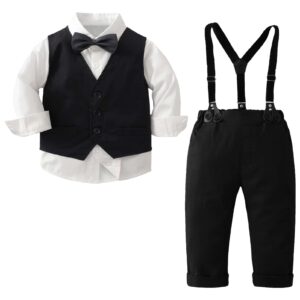 amokk baby boy bow tie and suspenders outfit party formal wear suits for 1st birthday clothing set (black, 12-18 m)