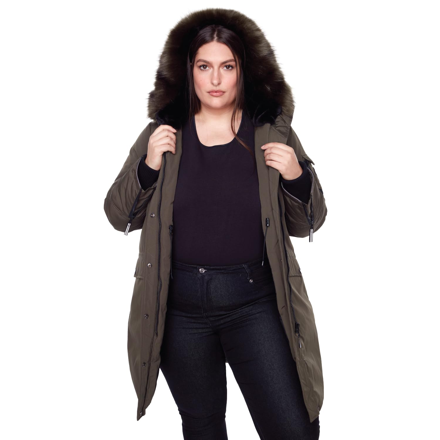 ALPINE NORTH Women’s Navy Vegan Down Long Parka Jacket (Plus Size) - Water Repellent, Windproof, Insulated Winter Coat with Faux Fur Hood,Olive, X3X-Large