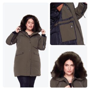 ALPINE NORTH Women’s Navy Vegan Down Long Parka Jacket (Plus Size) - Water Repellent, Windproof, Insulated Winter Coat with Faux Fur Hood,Olive, X3X-Large