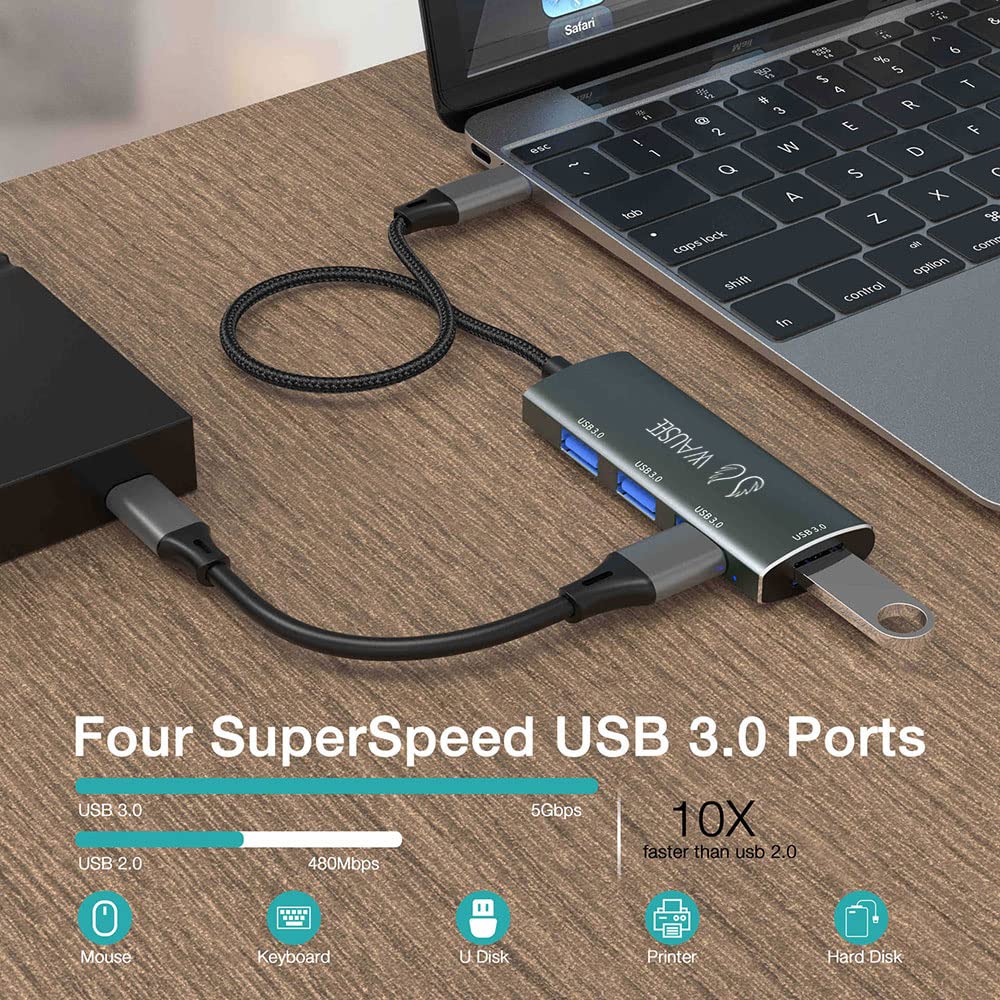 Wausee USB 3.0 Hub Type C 4-Port Splitter, Docking Station,Expander Adapter,Dongle (4 in 1) for Notebook PC,Laptop,Computer,MacBook, Mac Pro/mini, iMac, Surface Pro, XPS,Flash Driver, Mobile HDD(Grey)