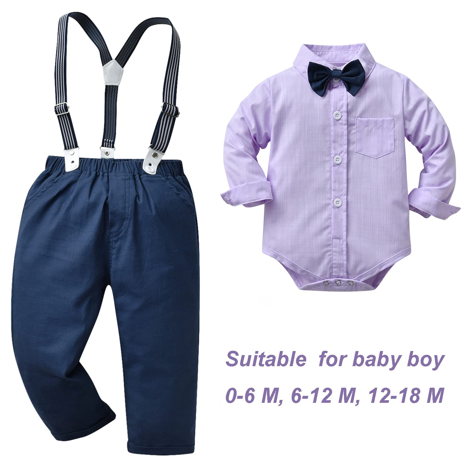 amokk Gentleman Outfits Formal Wear for Toddler Baby Boys Bow Tie and Suspenders Clothing Set (Purple-Navy, 18-24 M)