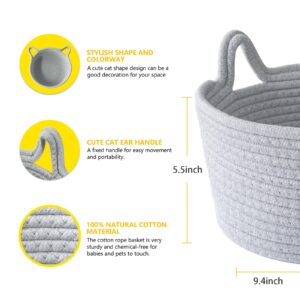 Cafshion Small Toy Basket with Cat Ears, Cute Basket Toy Organizer with Handles Woven Cotton Rope Basket Decorative Basket Nursery Bins & Boxes Gift Basket Empty for Baby Pet Toy Storage