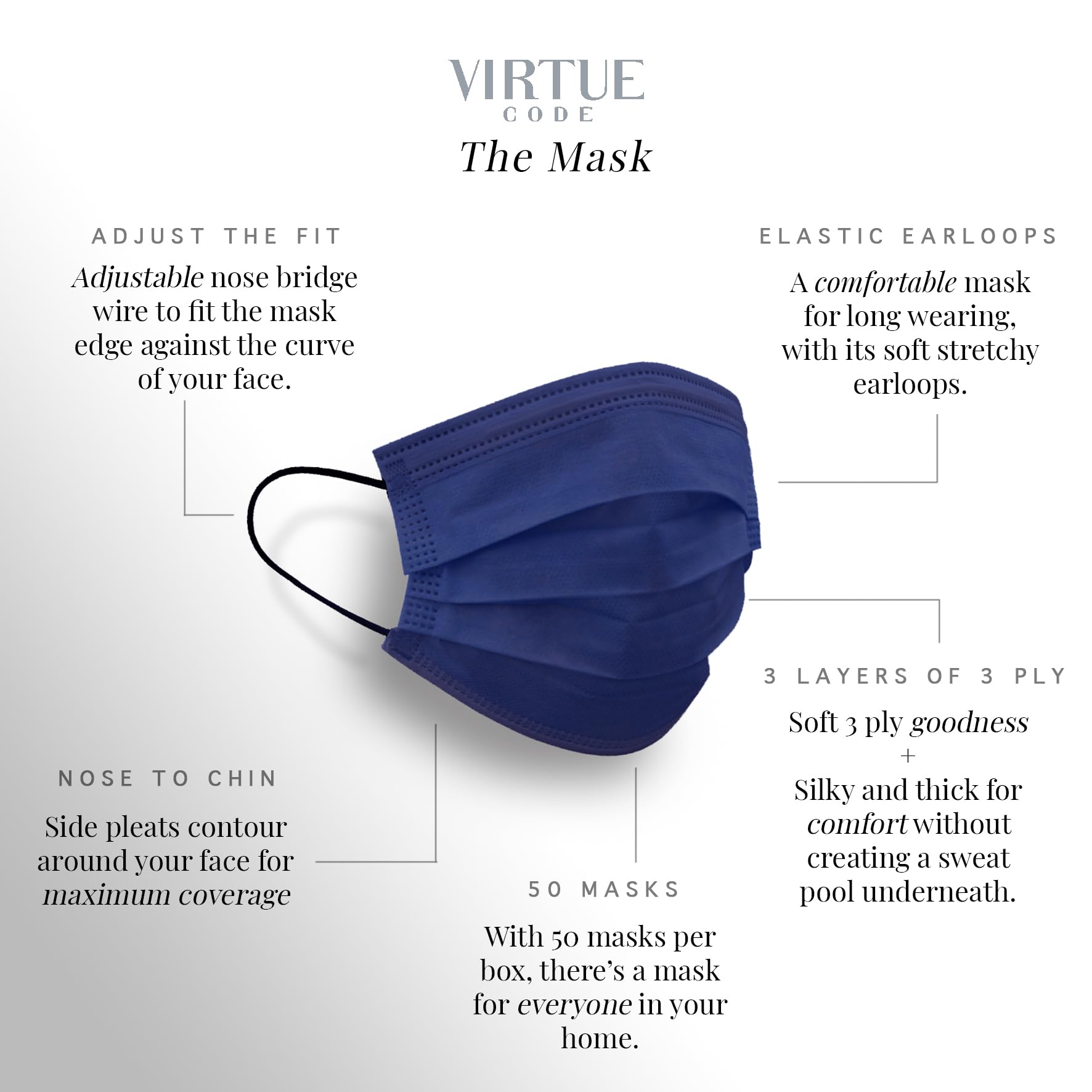 VIRTUE CODE Support Face Masks - Soft 3 Ply Comfort Face Masks, Colorful Disposable Face Mask 50 Pack. Grey Beige Navy Blue Colored Masks. Adults Mens and Womens Disposable Face Masks