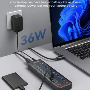 Powered USB Hub, Wenter 11-Port USB Splitter Hub (10 Faster Data Transfer Ports+ 1 Smart Charging Port) with Individual LED On/Off Switches, USB Hub 3.0 Powered with Power Adapter for Mac, PC